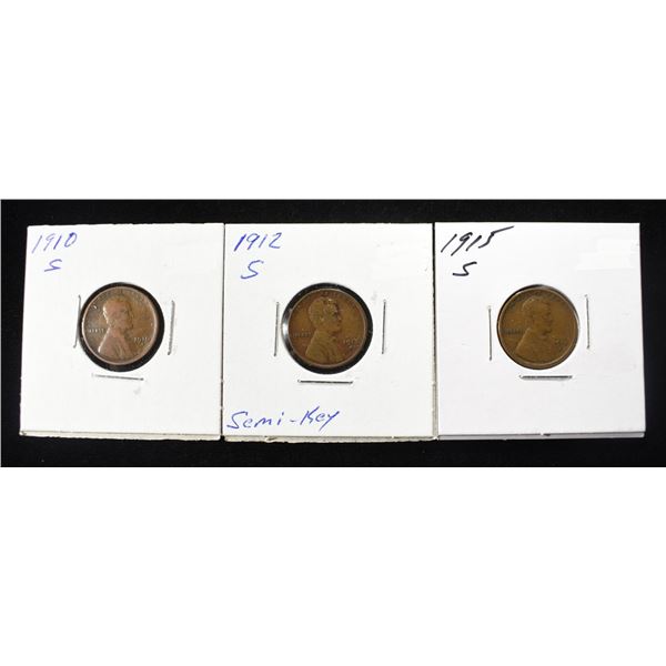 1910-S VF & 1912-S, 1915-S F LINCOLN WHEAT CENT