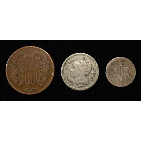 1867 2C, 1866 3C SILVER, 1858 3C NICKEL