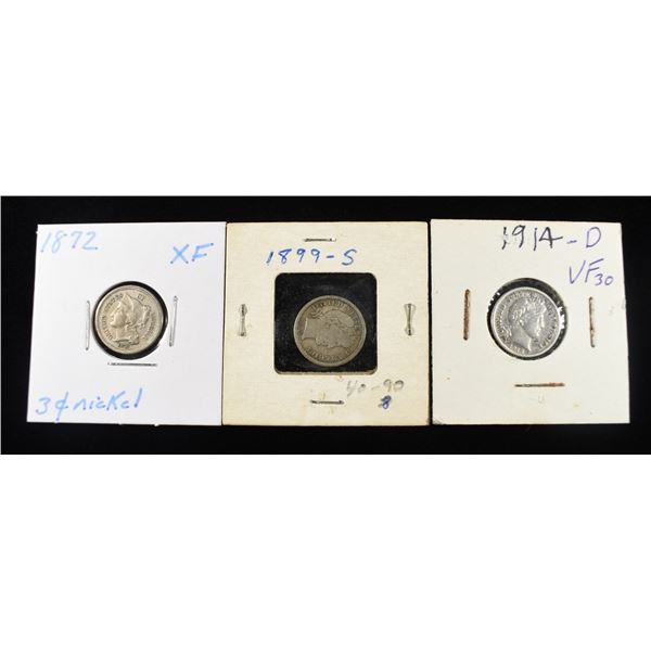 1872 3 CENT NICKEL, 1899-S & 1914-D BARBER DIMES