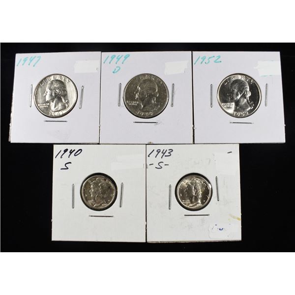 (3) WASHINGTON QUARTER & (2) MERCURY DIME