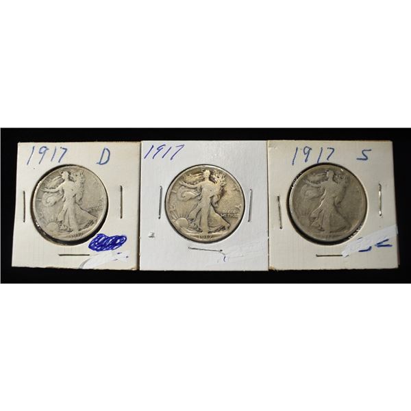 1917 P,D & S WALKING LIBERTY HALF DOLLARS