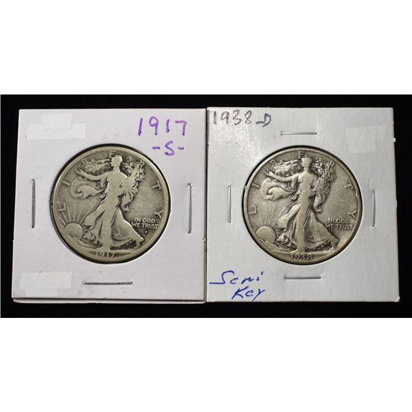 1917-S VG & 1938-D VF WALKING LIBERTY HALF DOLLAR