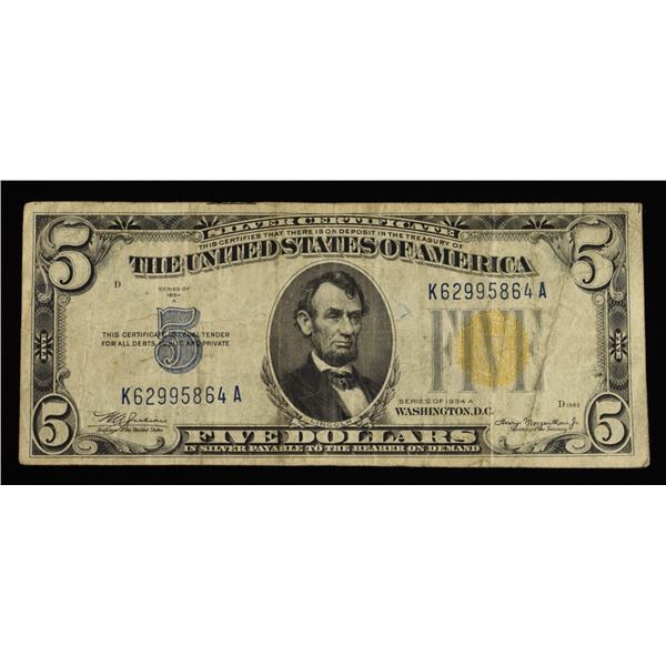 1934-A GOLD STAMP $5 NOTE