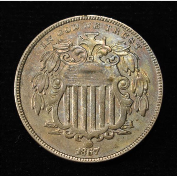 1867 RAYS SHIELD NICKEL CH AU