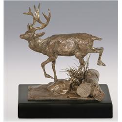 Charles M. Russell, Trigg silver bronze, 5 1/2" x 5 1/2" x 3", Buck Bounding Over Log