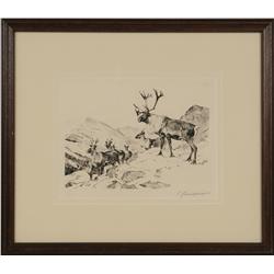 Carl Rungius, etching with drypoint