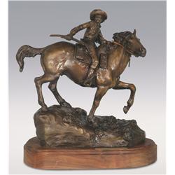 Robert Scriver, bronze, 1991, 15" x 12" x 9", 1861 Mail. Cowboy Artists of America.