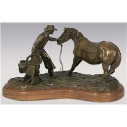 Robert Scriver, bronze, 9" x 17" x 7", 1951, 4 o'clock in the Morning. Cowboy Artists of America.