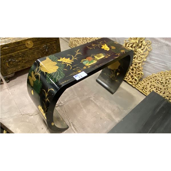 BLACK LACQUER WITH PAINTED FLORAL & WILDLIFE HALL OR SOFA TABLE