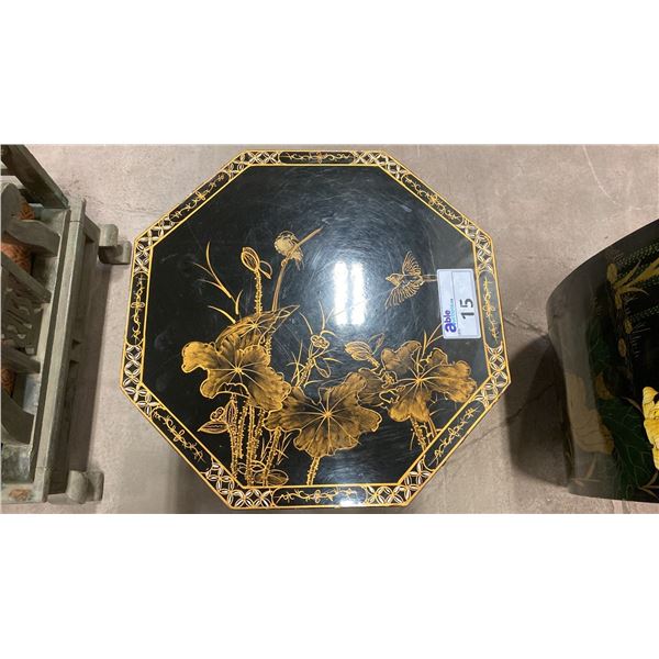 BLACK LACQUER WITH PAINTED FLORAL & WILDLIFE OCTAGON SIDE TABLE CABINET