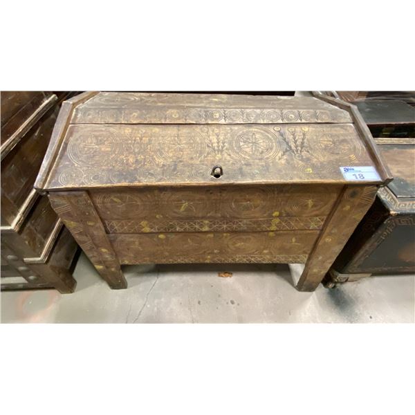 HEAVILY CARVED ASIAN WOODEN STORAGE TRUNK