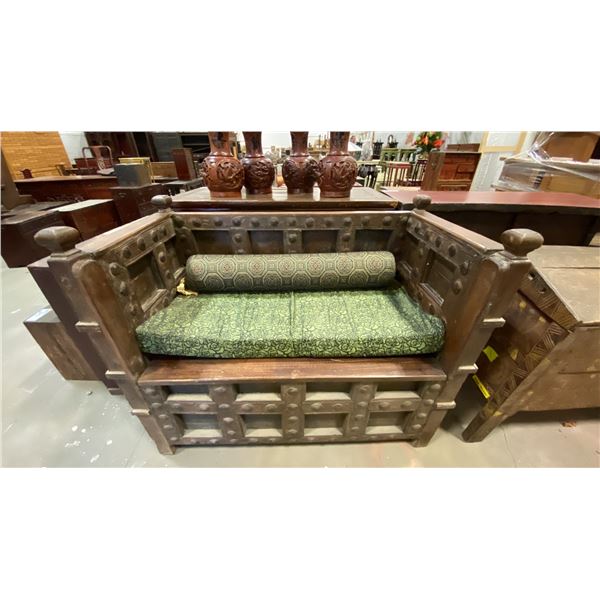 CARVED HARDWOOD ASIAN BENCH WITH CUSHIONS