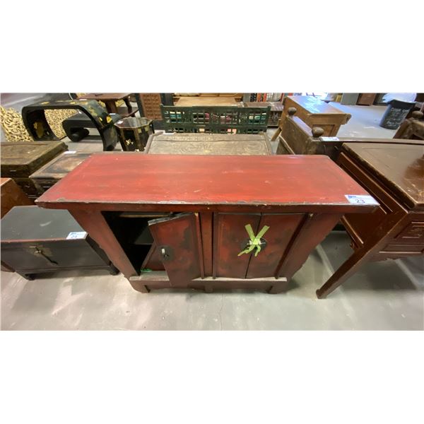 RED FINISH HARDWOOD 4 DOOR SMALL ASIAN CABINET * ONE DOOR NEEDS REASSEMBLING*