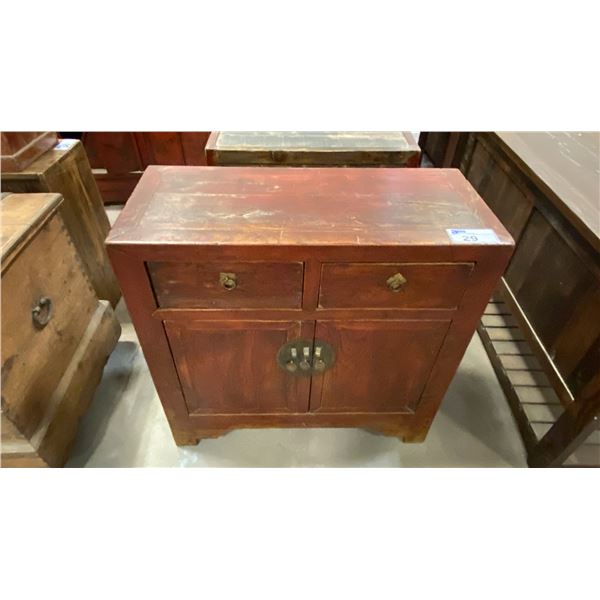 RED STAINED SOLID WOOD ASIAN 2 DRAWER CABINET