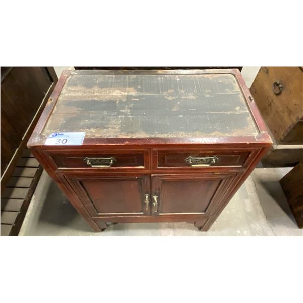 STAINED RED SOLID WOOD 2 DRAWER ASIAN CABINET