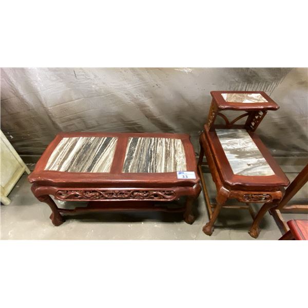 2PCS. CARVED MAHOGANY WITH MARBLE INSET TOPS COFFEE & END TABLE SET