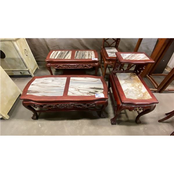 2PCS. CARVED MAHOGANY WITH MARBLE INSET TOPS COFFEE & END TABLE SET