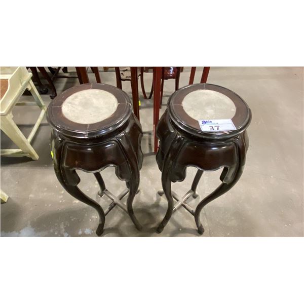 PAIR OF APPROX. 36" TALL CARVED ASIAN DARK WOOD PLANT STANDS W/WHITE MARBLE INSET TOPS