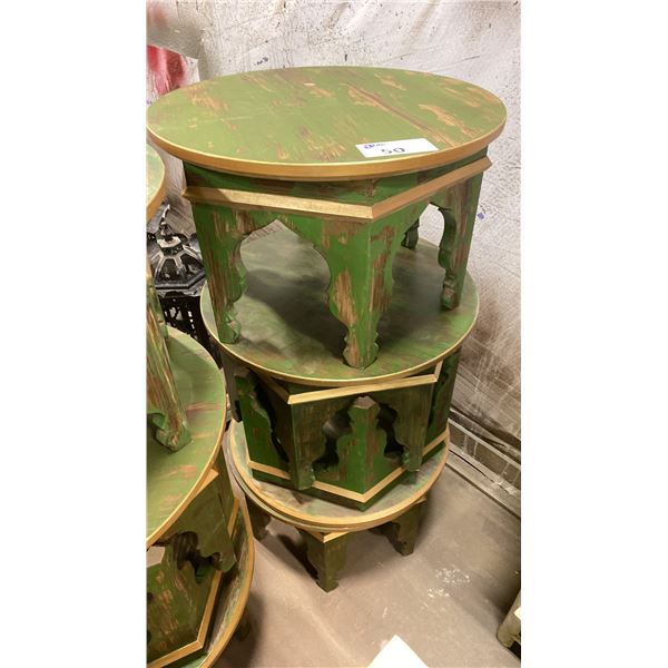 GROUP OF 4 GREEN & GOLD PAINTED ROUND SIDE TABLES