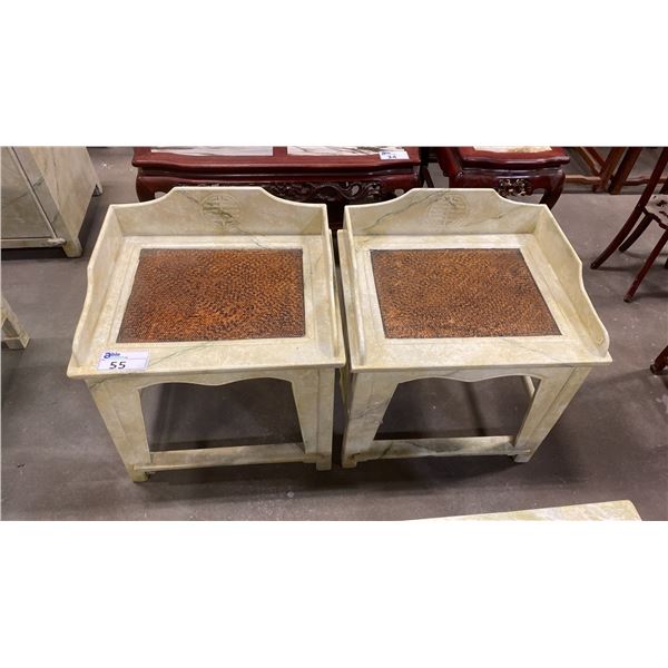 PAIR OF ASIAN END TABLES WITH PAINTED STONE MOTIF
