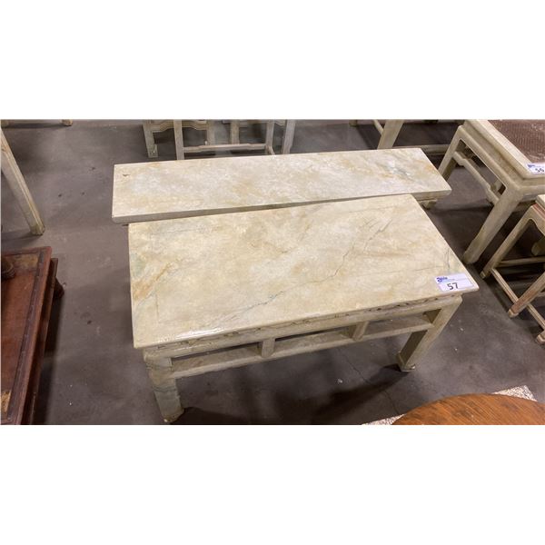 ASIAN TEA TABLE AND WOODEN BENCH SEAT WITH PAINTED STONE MOTIF