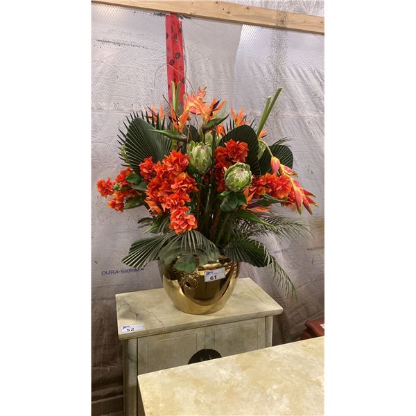 GOLD FINISH CERAMIC PLANTER WITH LARGE BIGHT PLASTIC FLOWER DISPLAY