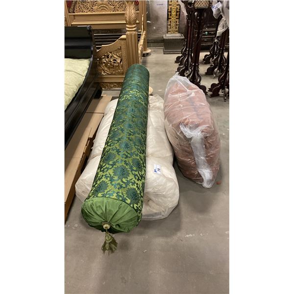 DOUBLE SIZE FUTON MATTRESS, BROWN LOUNGE CUSHION & LARGE GREEN LONG PILLOW