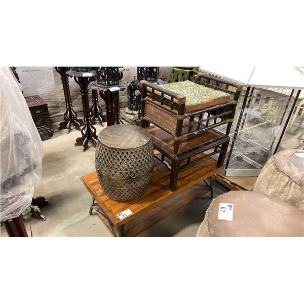 GROUP OF 4 FURNITURE ITEMS - WOODEN COFFEE TABLE, WOODEN END TABLE, WICKER STOOL & METAL PLANT