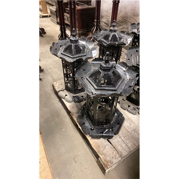 PAIR OF BLACK METAL ASIAN LANTERNS