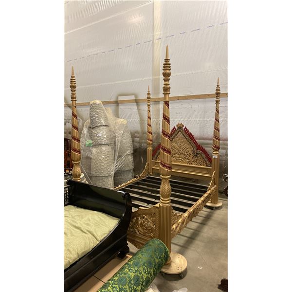 4 POSTER QUEEN SIZE BED FRAME PAINTED GOLD, RED & BLACK OVER SOLID MAHOGANY