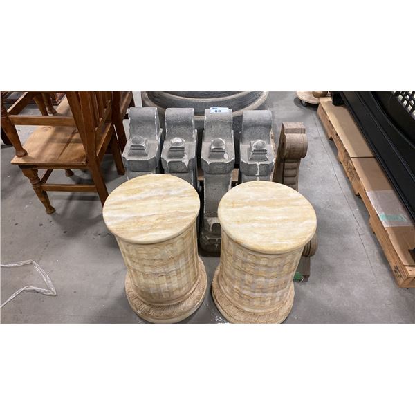 GROUP OF 4 PROP STYROFOAM WALL SCONCES, 1 SOLID WOOD WALL SCONCE & 2 COLUMN STYLE PLANT STANDS