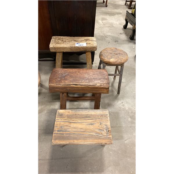 GROUP OF 4 RUSTIC WOODEN STOOLS