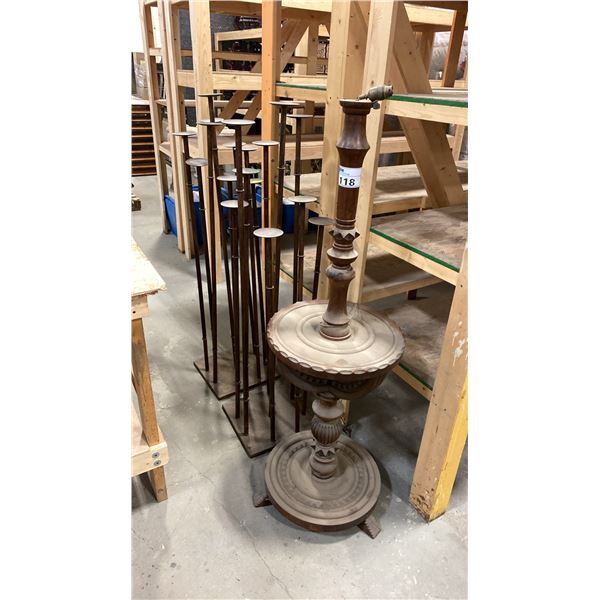 ANTIQUE MAHOGANY FLOOR LAMP BASE & 2 METAL FLOOR STANDING BAMBOO MOTIF CANDLE HOLDERS