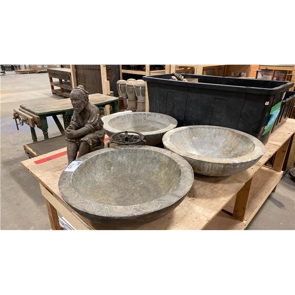 CONCRETE STATUE, 3 FAUX CONCRETE BIRD BATH BASINS & POT STAND
