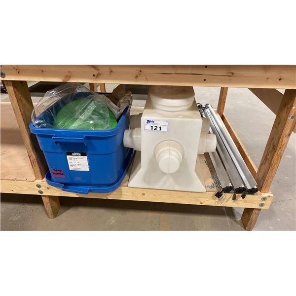 2 HANGING FLUORESCENT LIGHTS, PLASTIC INTERLOCKING BLOCK & RUBBERMAID CONTAINER OF ASSORTED ASIAN