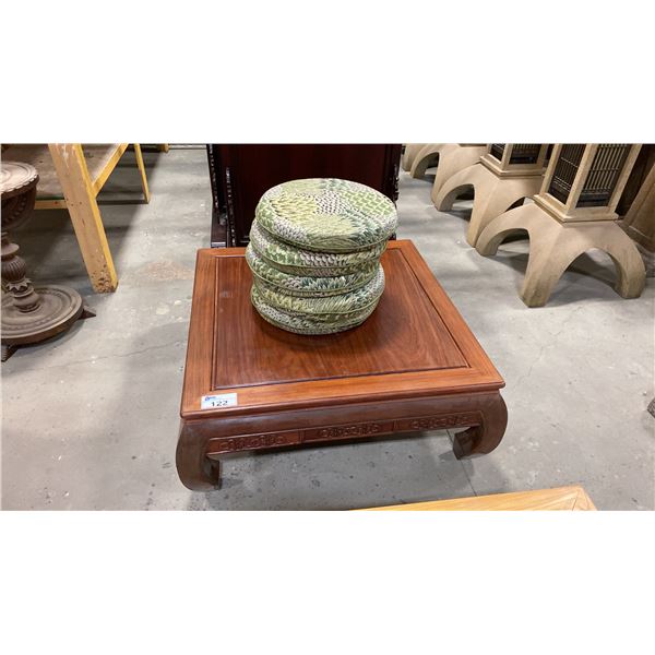 CARVED HARDWOOD ASIAN COCKTAIL TABLE WITH CUSHIONS