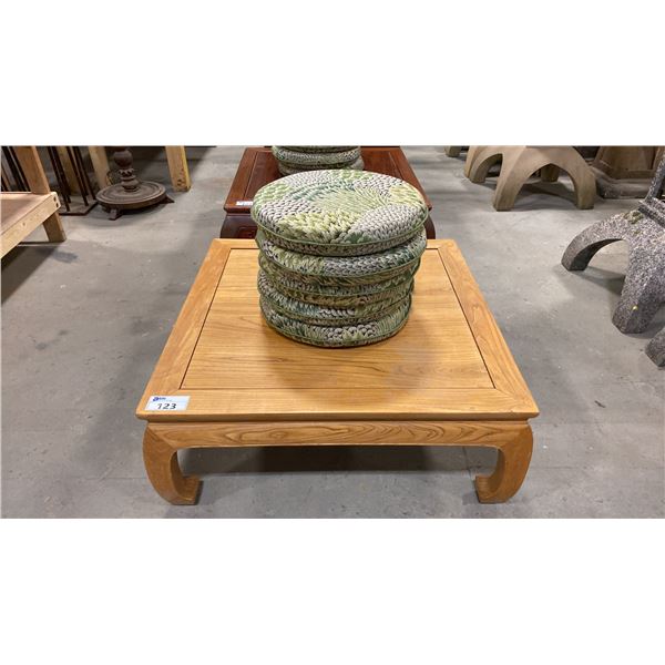 CARVED HARDWOOD ASIAN COCKTAIL TABLE WITH CUSHIONS
