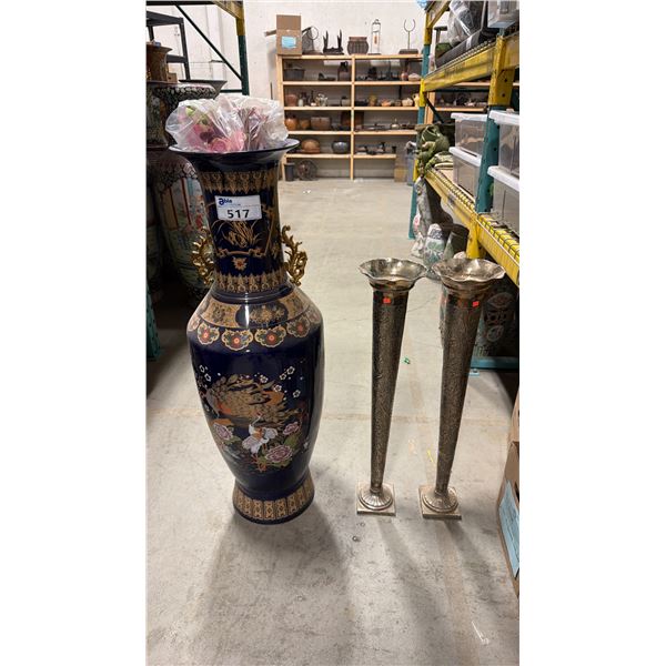 LARGE DECORATIVE ASIAN FLOOR VASE APPROX 42" TALL & PAIR OF BRASS FLOWER VASES APPROX 31" TALL
