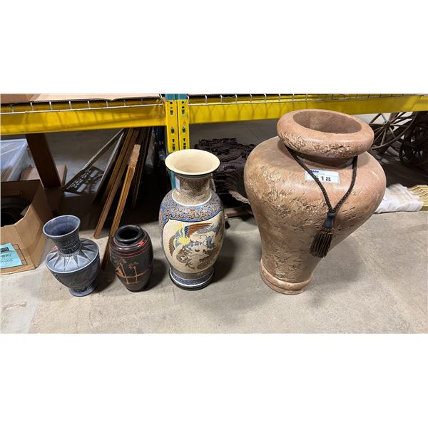 LARGE RUSTIC FLOOR VASE, SMALL ASIAN DECORATIVE FLOOR VASE & 2 SMALL DECORATIVE FLOWER VASES