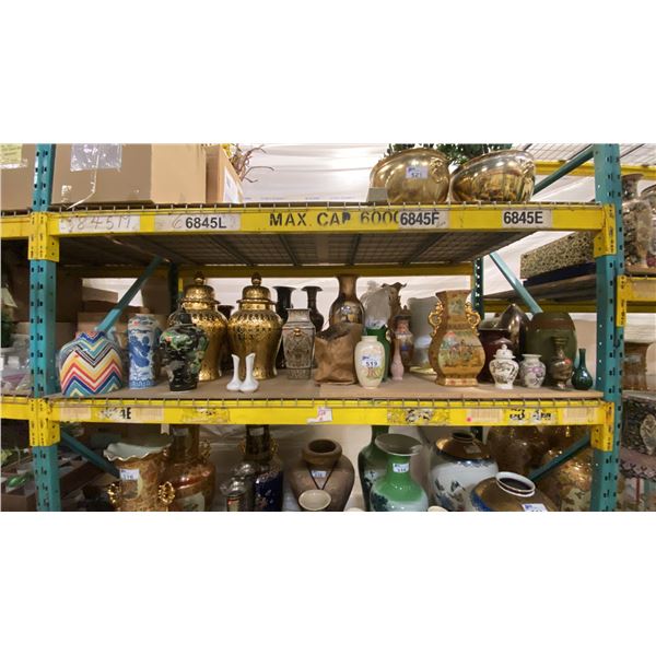 SHELF OF ASSORTED DECORATIVE FLOWER VASES