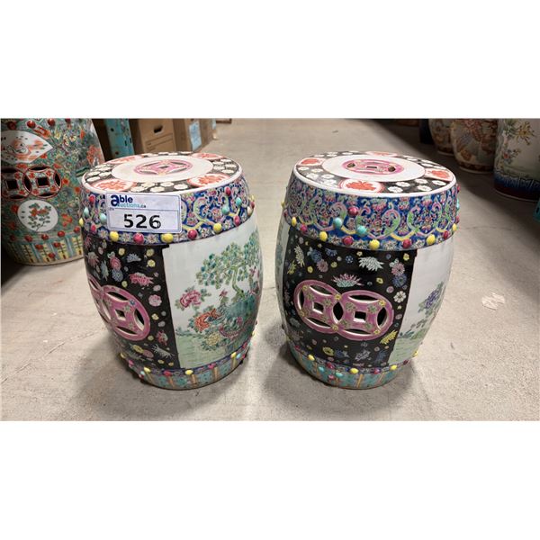 PAIR OF DECORATIVE CERAMIC GARDEN STOOLS