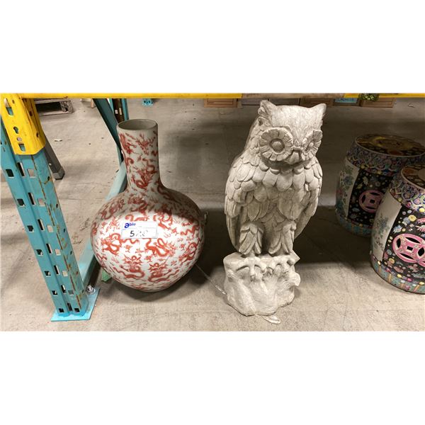 LARGE STONE OWL STATUE & DRAGON FLOWER VASE