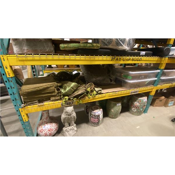 SHELF OF ASSORTED TABLE RUNNERS, CUSHIONS, CURTAIN HARDWARE, TABLECLOTHS & MORE