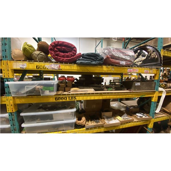 SHELF OF ASSORTED DECORATIVE ITEMS, HARDWARE & WOODEN ART PIECES