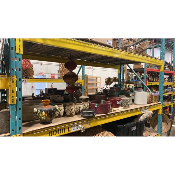 SHELF OF ASSORTED DECOR ITEMS, VASES, FLOWER POTS & STANDS