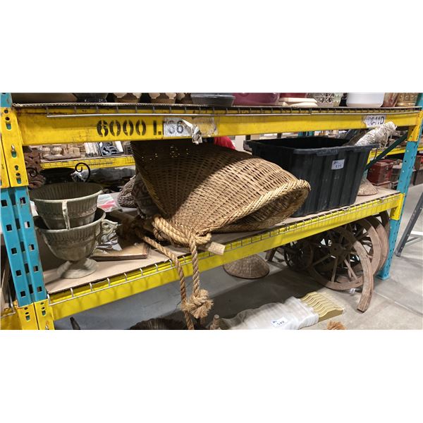 SHELF OF ASSORTED DECOR ITEMS, HAMMOCKS & BIN OF SANDALS