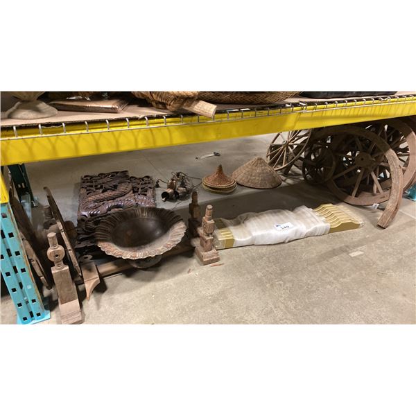 SHELF OF ASSORTED DECORATIVE WAGON WHEELS, WOODEN DECORATIVE ITEMS, BELLS & MORE