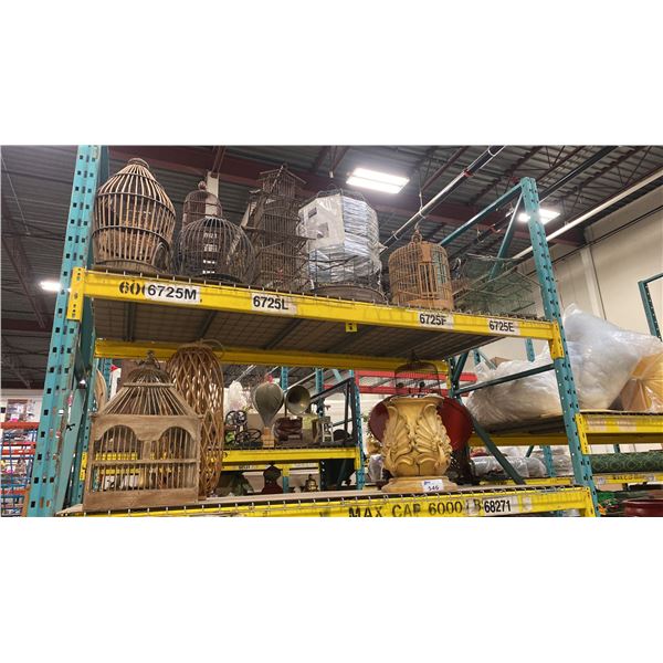 2 SHELVES OF ASSORTED DECORATIVE BIRD CAGES & DECOR ITEMS