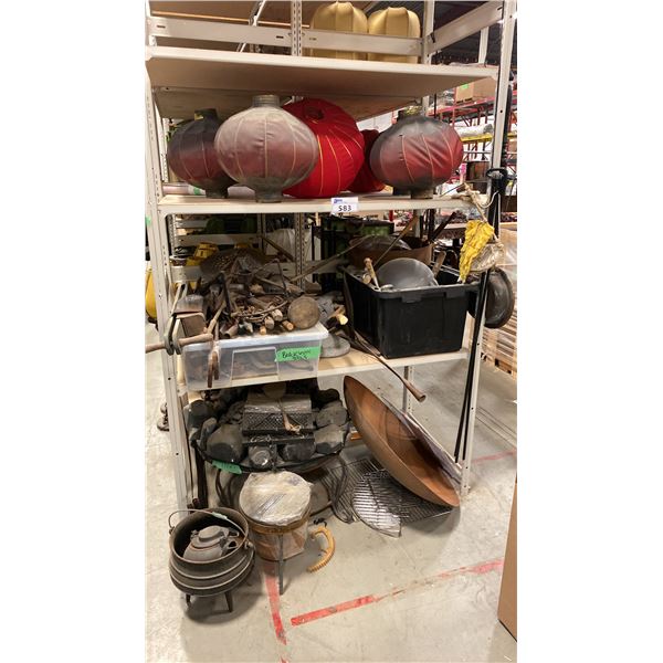 4 SHELVES OF ASSORTED SET DEC PROP ITEMS INCLUDING FAUX FIRE PIT, COOKING UTENSILS, BLACK SMITH