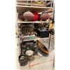 Image 1 : 4 SHELVES OF ASSORTED SET DEC PROP ITEMS INCLUDING FAUX FIRE PIT, COOKING UTENSILS, BLACK SMITH